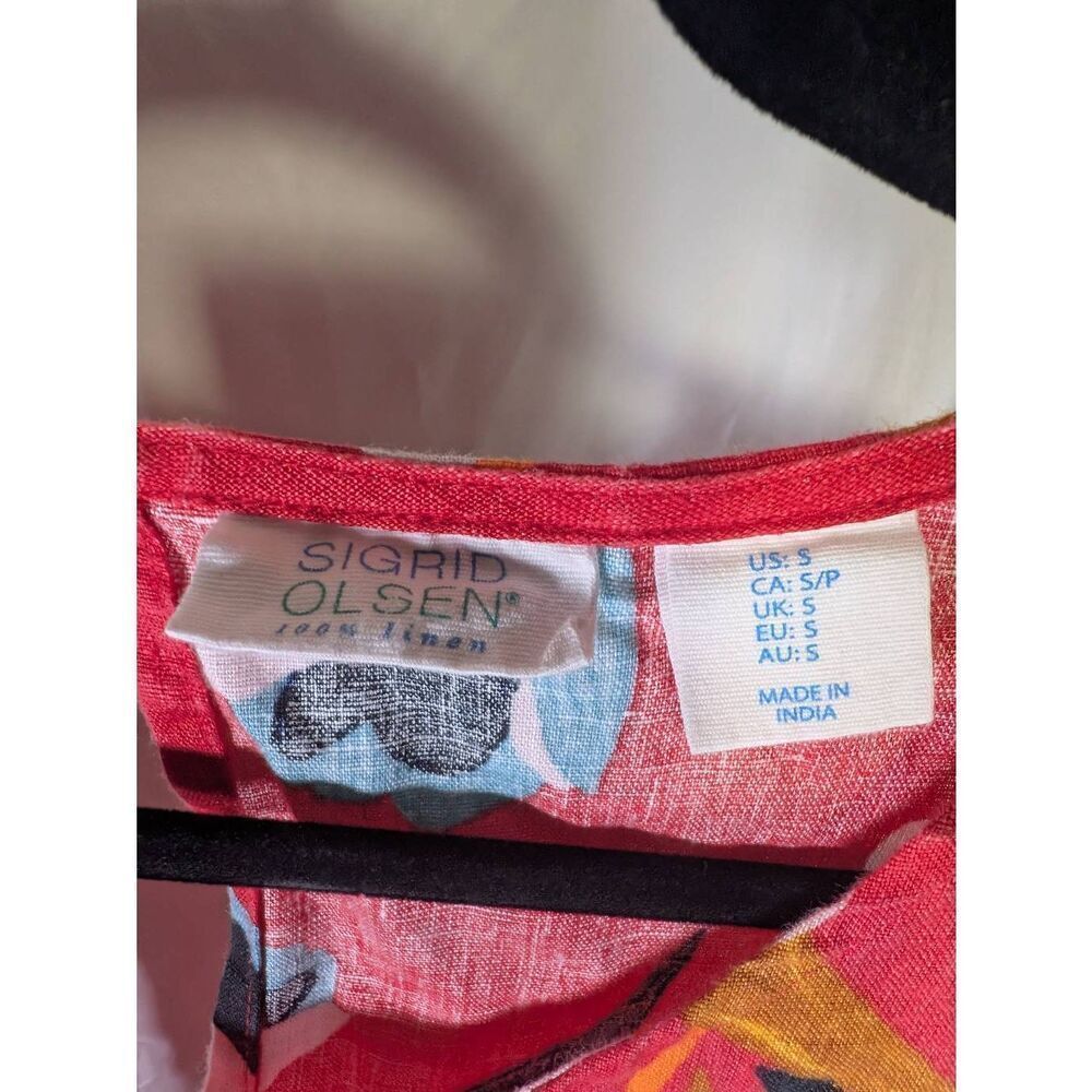 Sigrid Olsen Red Floral Sleeveless 100% Linen Shift Dress W/ Pockets Size Small